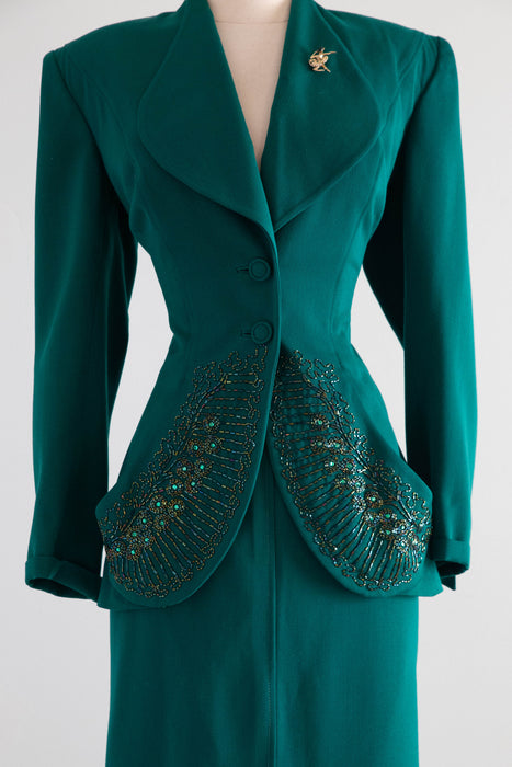 Rare 1940’s Emerald Green Gabardine Two Piece Suit Attributed to Lilli Ann / Small