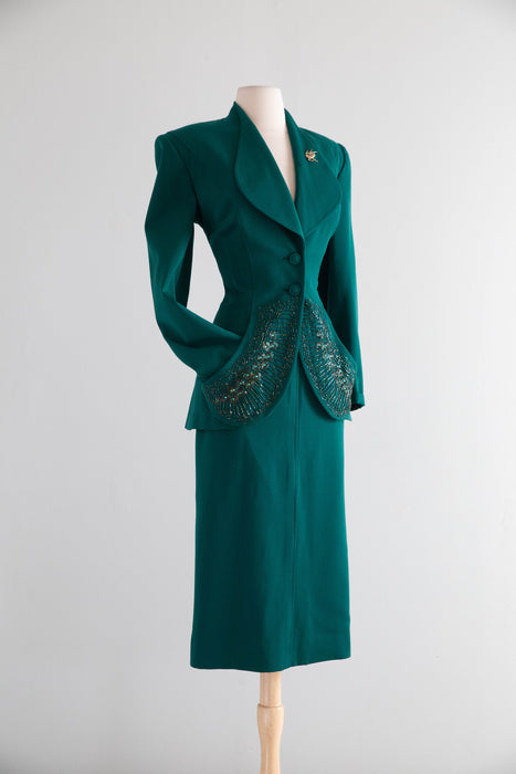 Rare 1940’s Emerald Green Gabardine Two Piece Suit Attributed to Lilli Ann / Small