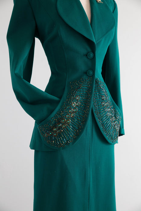 Rare 1940’s Emerald Green Gabardine Two Piece Suit Attributed to Lilli Ann / Small