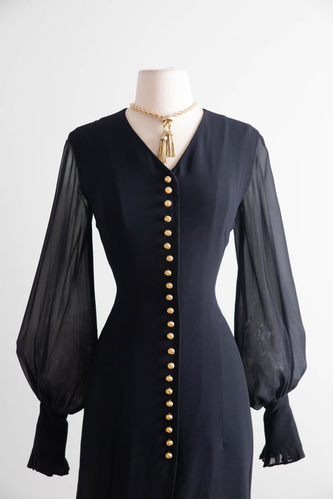 Late 80's Gianfranco Ferré Silk Dress with Sheer Bishop Sleeves & Gilt Buttons / SM