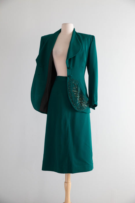 Rare 1940’s Emerald Green Gabardine Two Piece Suit Attributed to Lilli Ann / Small