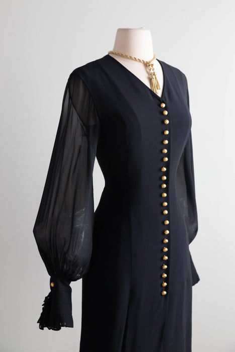 Late 80's Gianfranco Ferré Silk Dress with Sheer Bishop Sleeves & Gilt Buttons / SM