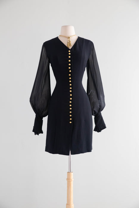 Late 80's Gianfranco Ferré Silk Dress with Sheer Bishop Sleeves & Gilt Buttons / SM