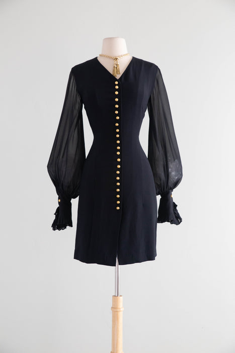 Late 80's Gianfranco Ferré Silk Dress with Sheer Bishop Sleeves & Gilt Buttons / SM