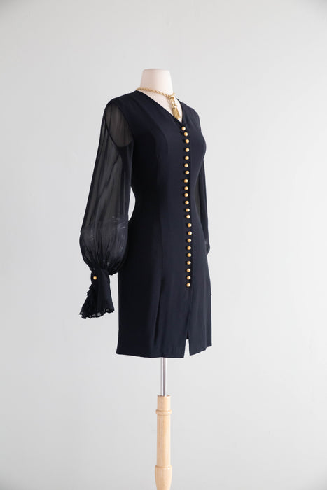Late 80's Gianfranco Ferré Silk Dress with Sheer Bishop Sleeves & Gilt Buttons / SM