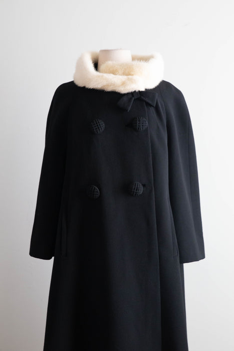 Fabulous 1950's Black Wool Coat With Mink Collar and Bow / ML