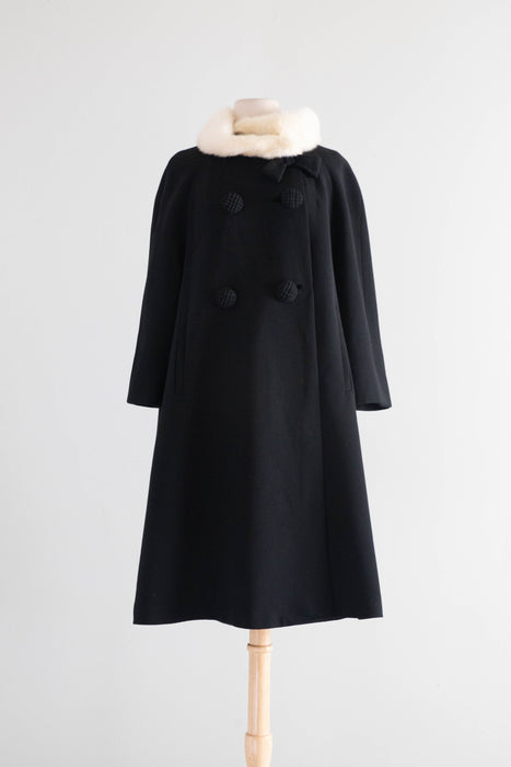 Fabulous 1950's Black Wool Coat With Mink Collar and Bow / ML