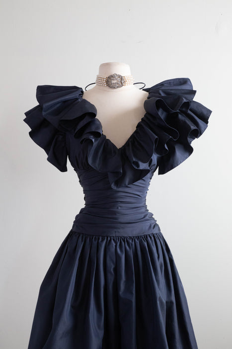 Fabulous 1970's Midnight Navy Taffeta Party Dress Fuchsia Lining / Medium