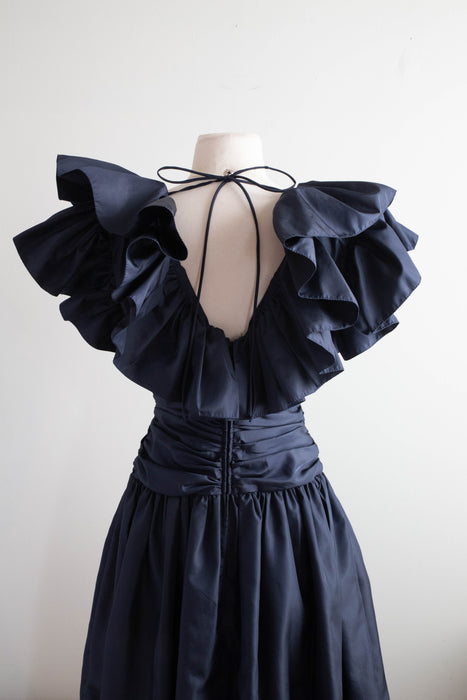 Fabulous 1970's Midnight Navy Taffeta Party Dress Fuchsia Lining / Medium