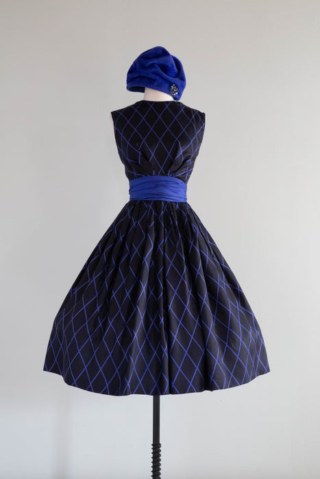 Classic 1950's Black & Blue Diamond Print Silk Dress From Peck & Peck / Medium