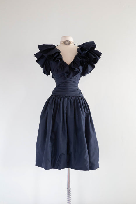 Fabulous 1970's Midnight Navy Taffeta Party Dress Fuchsia Lining / Medium