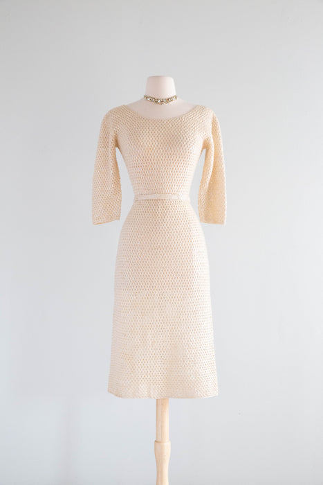 Iconic Late 1950's Ivory Aurora Sequined Knit Wiggle Dress From Hong Kong / SM