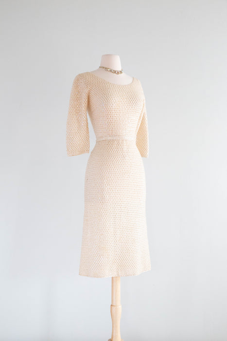 Iconic Late 1950's Ivory Aurora Sequined Knit Wiggle Dress From Hong Kong / SM