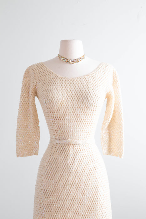 Iconic Late 1950's Ivory Aurora Sequined Knit Wiggle Dress From Hong Kong / SM