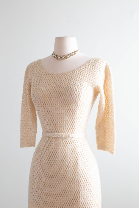 Iconic Late 1950's Ivory Aurora Sequined Knit Wiggle Dress From Hong Kong / SM