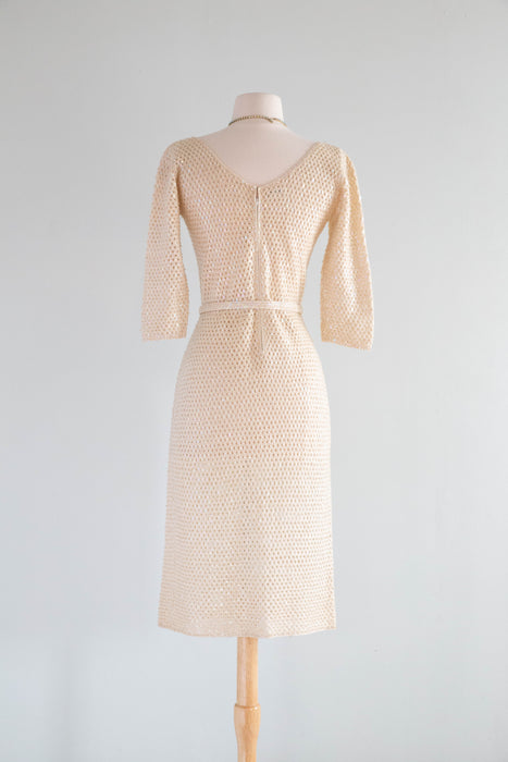 Iconic Late 1950's Ivory Aurora Sequined Knit Wiggle Dress From Hong Kong / SM