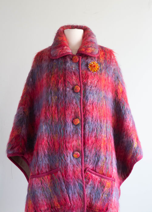 Fabulous 70's Rainbow Shaggy Wool Pile Cape From England / Medium