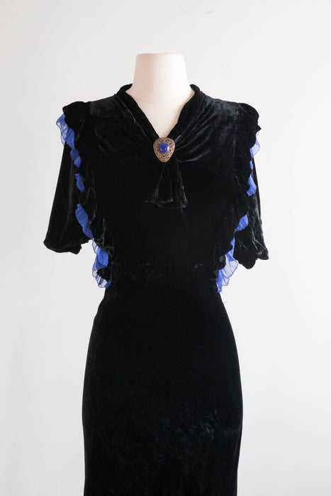 1930's Lapis Blue & Black Silk Velvet Bias Cut Evening Dress / Medium