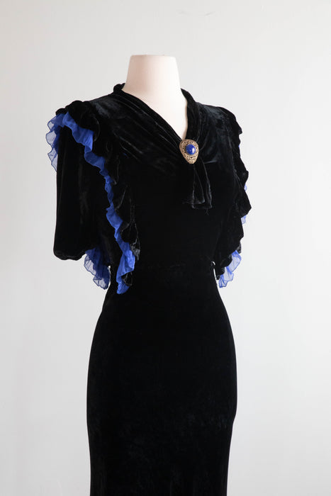 1930's Lapis Blue & Black Silk Velvet Bias Cut Evening Dress / Medium