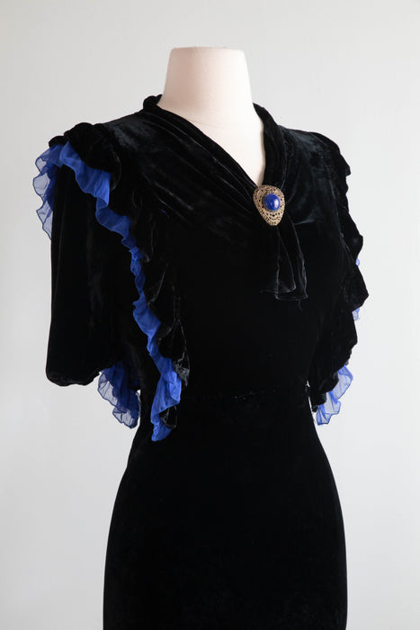 1930's Lapis Blue & Black Silk Velvet Bias Cut Evening Dress / Medium