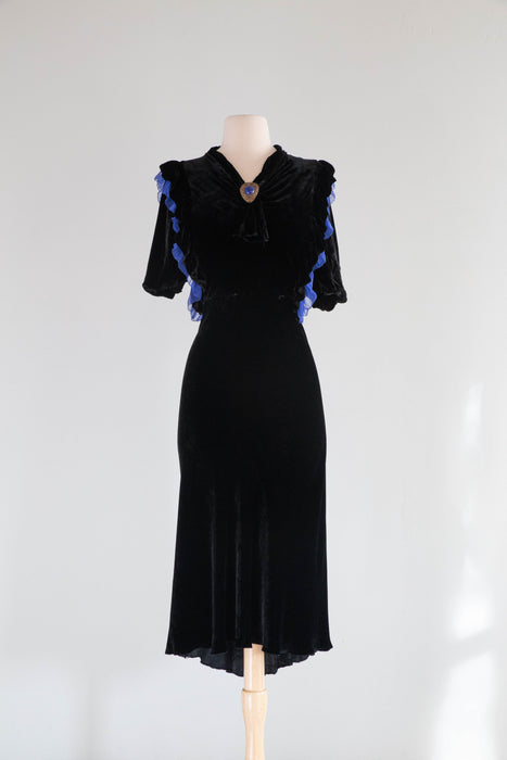 1930's Lapis Blue & Black Silk Velvet Bias Cut Evening Dress / Medium