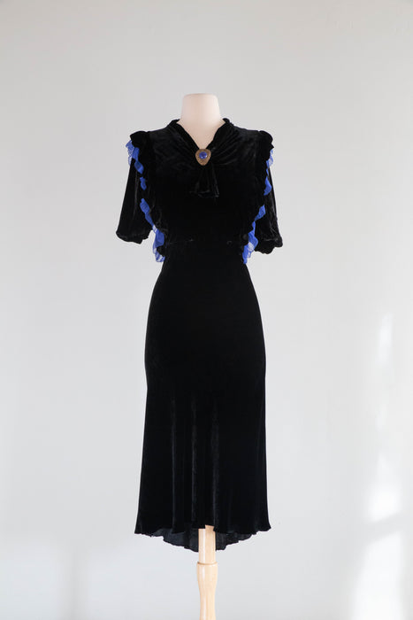 1930's Lapis Blue & Black Silk Velvet Bias Cut Evening Dress / Medium Xtabay Vintage 1930's Lapis Blue & Black Silk Velvet Bias Cut Evening Dress / Medium Xtabay Vintage