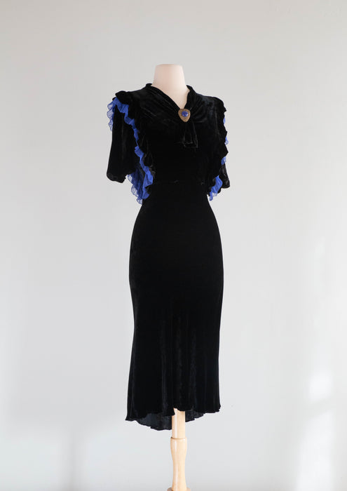 1930's Lapis Blue & Black Silk Velvet Bias Cut Evening Dress / Medium