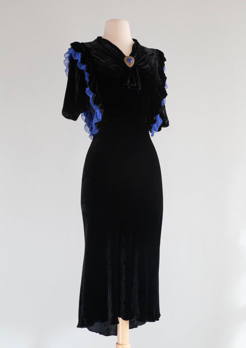 1930's Lapis Blue & Black Silk Velvet Bias Cut Evening Dress / Medium