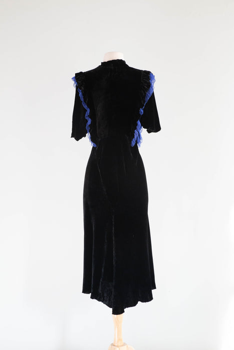 1930's Lapis Blue & Black Silk Velvet Bias Cut Evening Dress / Medium