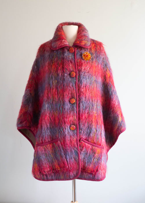 Fabulous 70's Rainbow Shaggy Wool Pile Cape From England / Medium