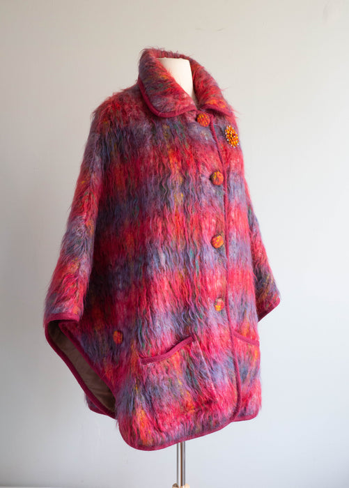 Fabulous 70's Rainbow Shaggy Wool Pile Cape From England / Medium