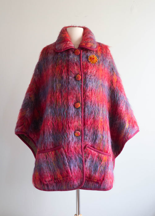 Fabulous 70's Rainbow Shaggy Wool Pile Cape From England / Medium