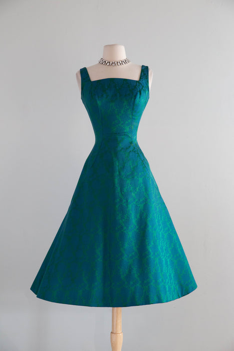 Stunning 1950s Estevez Emerald Silk Brocade Holiday Cocktail Dress / S