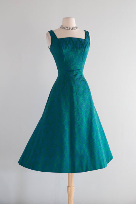 Stunning 1950s Estevez Emerald Silk Brocade Holiday Cocktail Dress / S