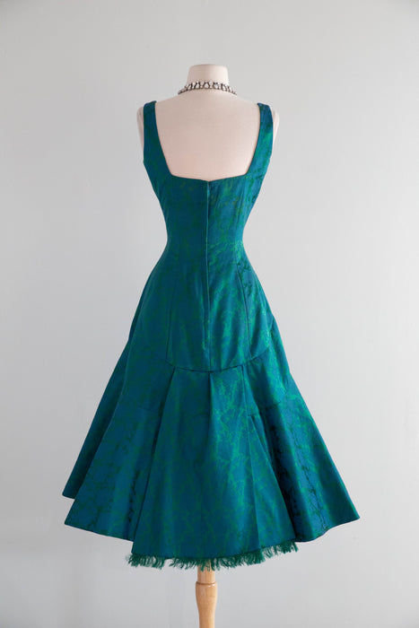 Stunning 1950s Estevez Emerald Silk Brocade Holiday Cocktail Dress / S