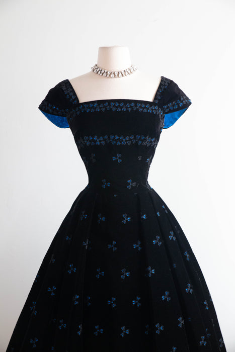 Exquisite 1950s David Hart Eyelet Velvet Cocktail Dress with Sapphire Glow / SM