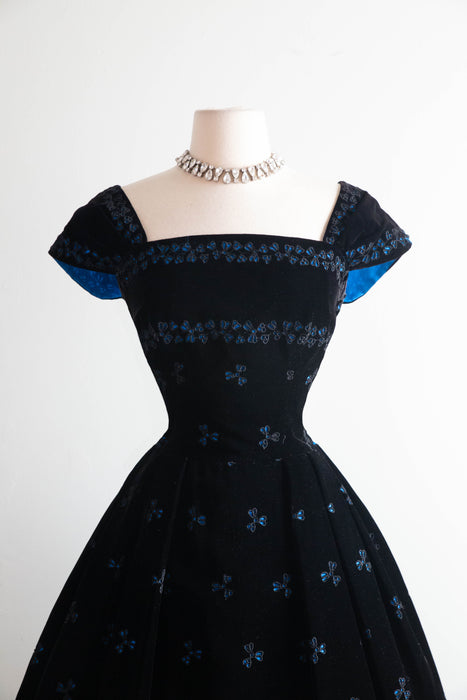 Exquisite 1950s David Hart Eyelet Velvet Cocktail Dress with Sapphire Glow / SM