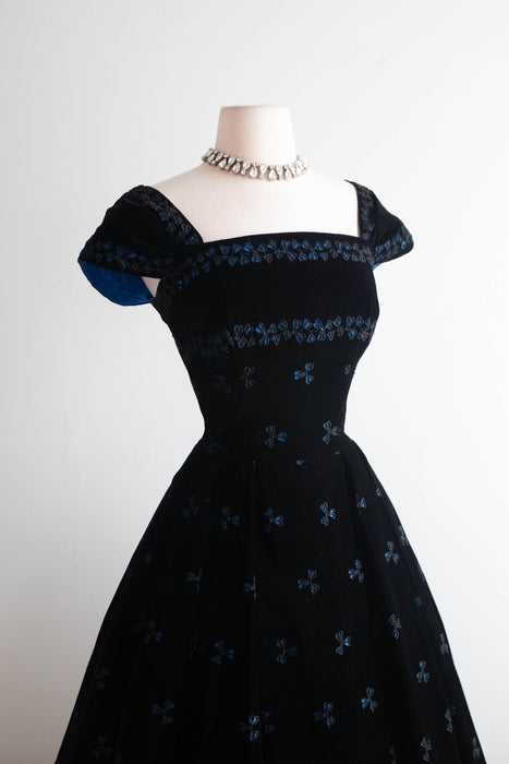 Exquisite 1950s David Hart Eyelet Velvet Cocktail Dress with Sapphire Glow / SM