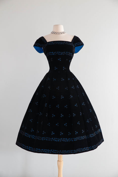 Exquisite 1950s David Hart Eyelet Velvet Cocktail Dress with Sapphire Glow / SM