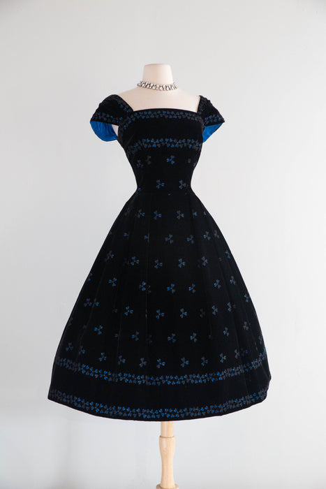 Exquisite 1950s David Hart Eyelet Velvet Cocktail Dress with Sapphire Glow / SM