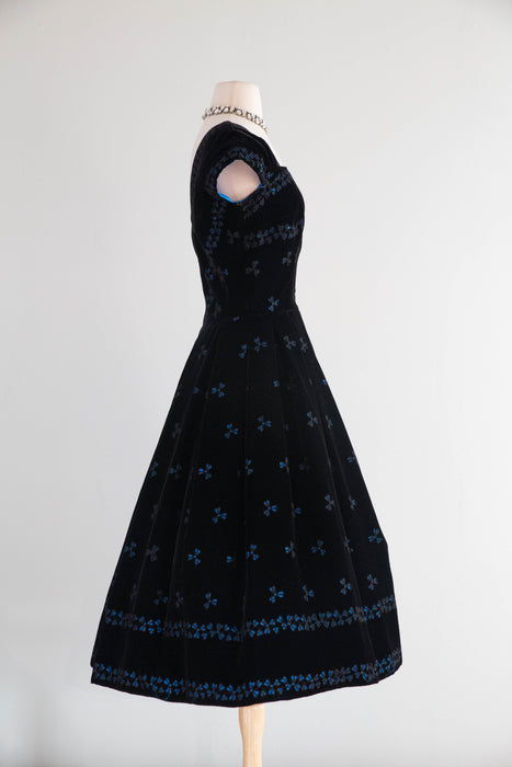 Exquisite 1950s David Hart Eyelet Velvet Cocktail Dress with Sapphire Glow / SM