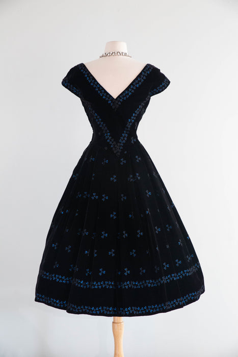 Exquisite 1950s David Hart Eyelet Velvet Cocktail Dress with Sapphire Glow / SM