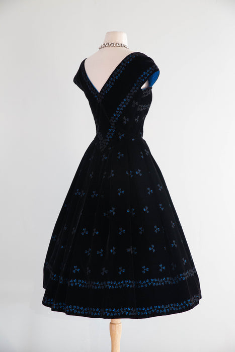 Exquisite 1950s David Hart Eyelet Velvet Cocktail Dress with Sapphire Glow / SM