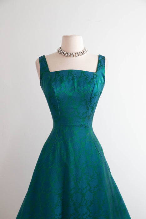 Stunning 1950s Estevez Emerald Silk Brocade Holiday Cocktail Dress / S