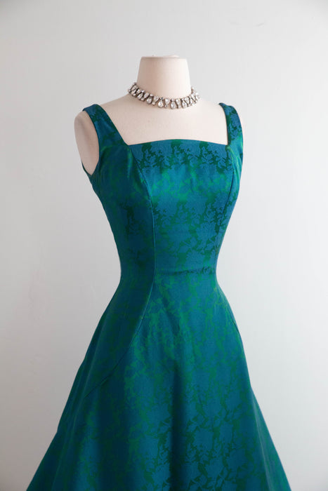 Stunning 1950s Estevez Emerald Silk Brocade Holiday Cocktail Dress / S