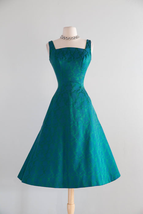 Stunning 1950s Estevez Emerald Silk Brocade Holiday Cocktail Dress / S