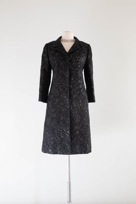 Elegant 1960's Liquid Black Brocade Cocktail Dress & Coat Set By Gustave Tassell / Medium