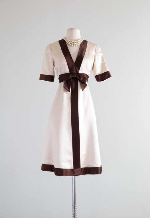 Fabulous 1960's Coffee & Cream Silk Evening Dress By Jerry Silverman / Medium