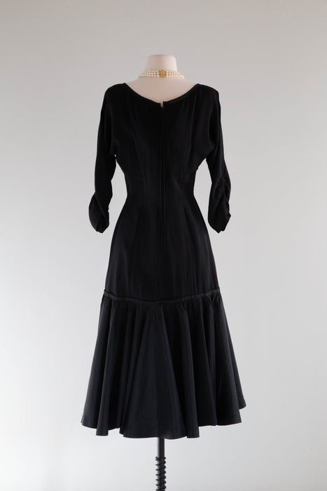 Fabulous 1950's Black Hourglass Cocktail Dress With Flared Skirt / Medium