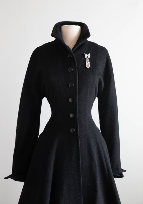 Elegant Late 40's New Look Wool Princess Coat With Wasp Waist & Full Skirt / Medium